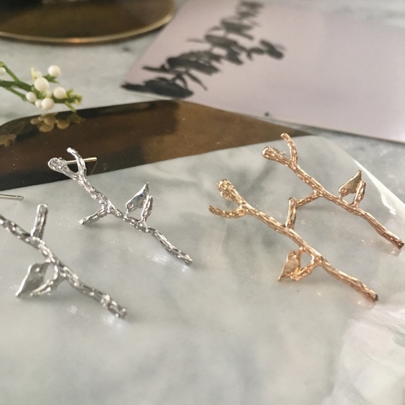 Bird on Branch Gold or Silver Minimalist Earrings - Picture 7 of 8